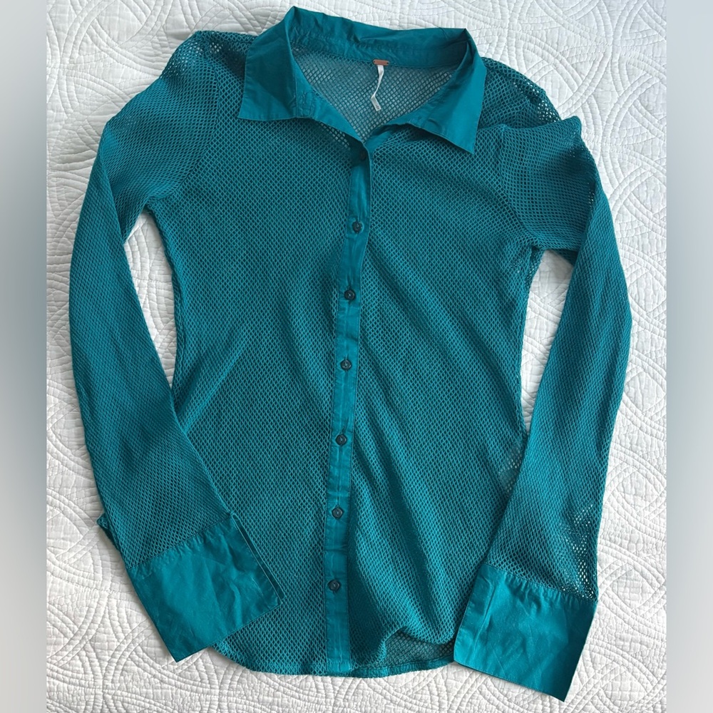 Free People Siggi Mesh Button-Up Shirt Crystal Teal Large - Picture 4 of 9